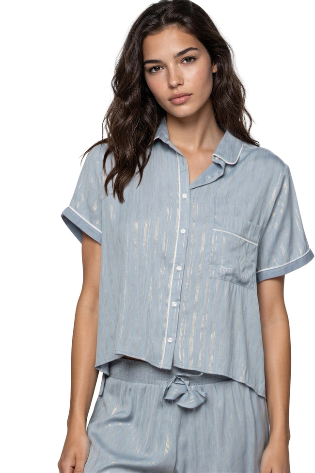 Loungerie by Subtle Luxury Pajama Top Jade Rayon Top with Gold Lurex Striping
