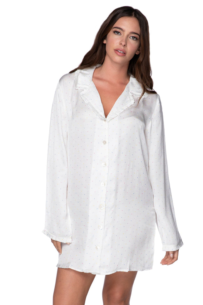 Loungerie by Subtle Luxury Pajama Top Miranda Sleepshirt / XS/S / MB-Multi Color Dots on White Miranda Nightshirt in White with Black Dot Print