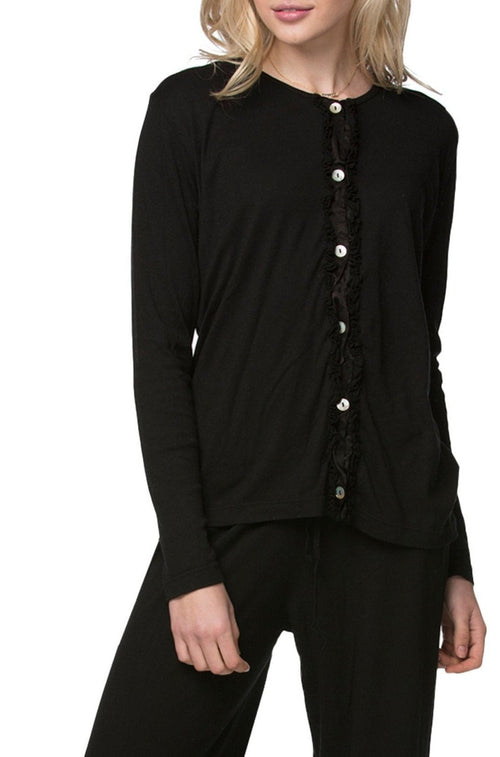 Loungerie by Subtle Luxury Pajama Top Petite Ruffle Cardigan / M/L / Black Petite Cropped Knit Ruffle Cardigan