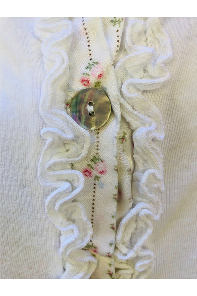 Loungerie by Subtle Luxury Pajama Top Ruffle Cardigan / M/L / White w/ Flowers Ruffle Knit Signature Cardigan top
