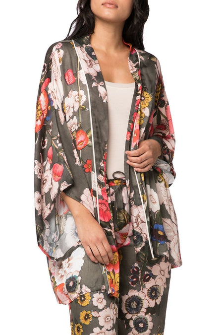 Blushing Floral Print | Satin Kimono Robe in Black | Loungerie