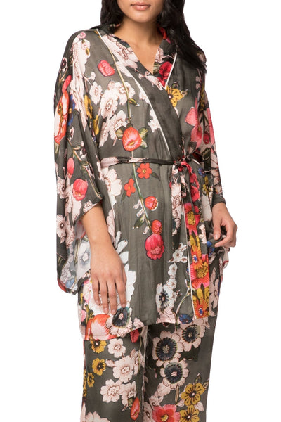 Loungerie by Subtle Luxury Robe Bloom Baby Printed Kimono in Olive | Loungerie
