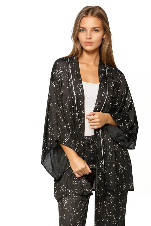 Loungerie by Subtle Luxury Robe Moon Phase Kimono / S/M / L-48 Black Moon Phase Satin Print Kimono Lounge Robe