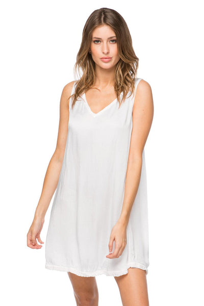 Loungerie by Subtle Luxury Slip Victoria Satin V-Neck Dress / XS/S / White Victoria Satin V-Neck Ruffle Edge Dress