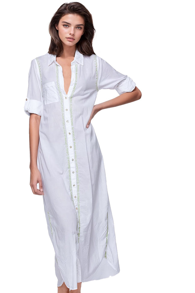 Maxi Boyfriend Cotton Shirt Dress with Contrast Embroideries - Subtle Luxury