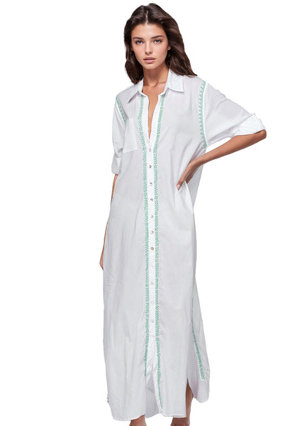 Maxi Boyfriend Cotton Shirt Dress with Contrast Embroideries - Subtle Luxury