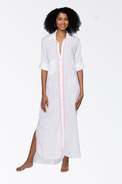Maxi Boyfriend Cotton Shirt Dress with Contrast Embroideries - Subtle Luxury