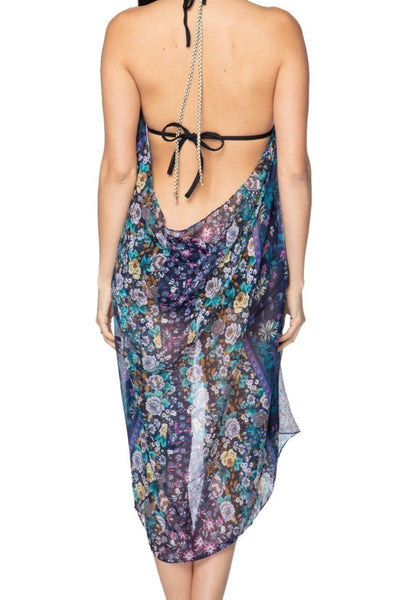 Maxi Halter Sundress Coverup in Fields of Florals Print Navy - Subtle Luxury