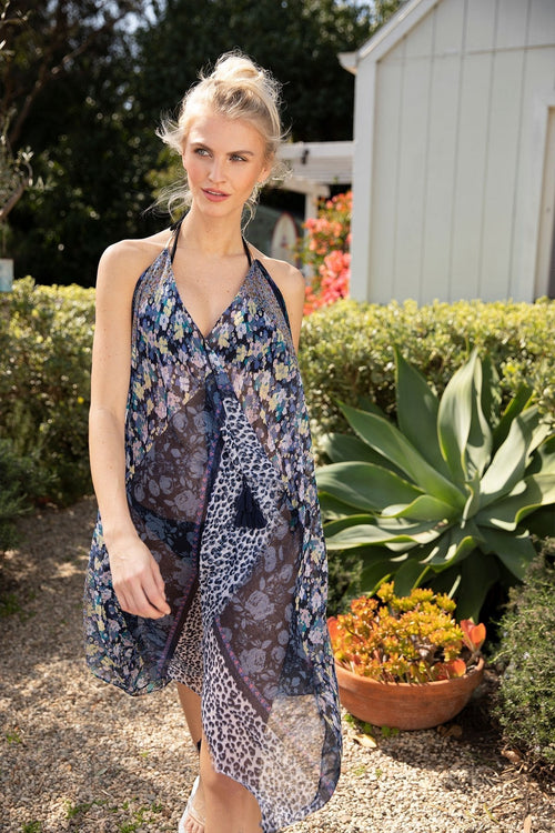 Maxi Halter Sundress Coverup in Fields of Florals Print Navy - Subtle Luxury