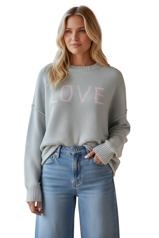 Chunky Cotton Blend Pullover Sweater- Cross Stitch "Love" hand embroidery