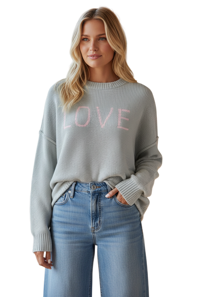 Chunky Cotton Blend Pullover Sweater- Cross Stitch "Love" hand embroidery