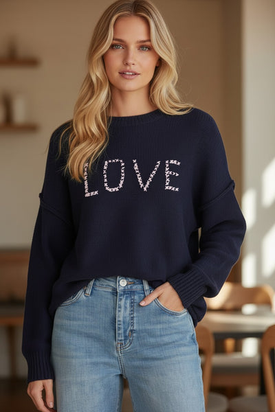 Chunky Cotton Blend Pullover Sweater- Cross Stitch "Love" hand embroidery