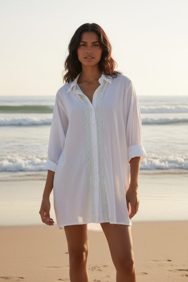 mint green-white of white-Lt Pink-White on White-River Blue-River Blue-Gold Tan-Tan-Ziggy Button Down Embroidery Shirt Dress in Washed Cotton 2