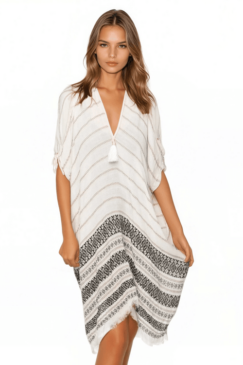 Open Shoulder Sundress Coverup in Charming Jacquard Fabric - Subtle Luxury