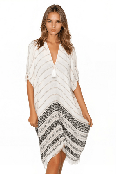 Open Shoulder Sundress Coverup in Charming Jacquard Fabric - Subtle Luxury