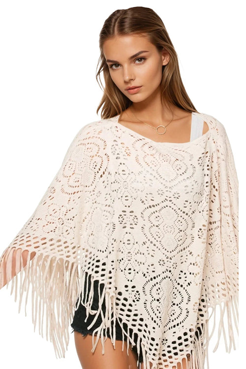 Open Stitch Lace Beach Knit Poncho with Fringe - Subtle Luxury