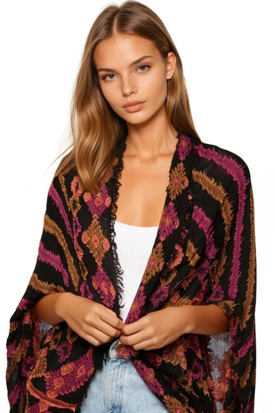 Oversized Kimono Shrug Coverup in Menagerie Stripe Jacquard Fabric - Subtle Luxury