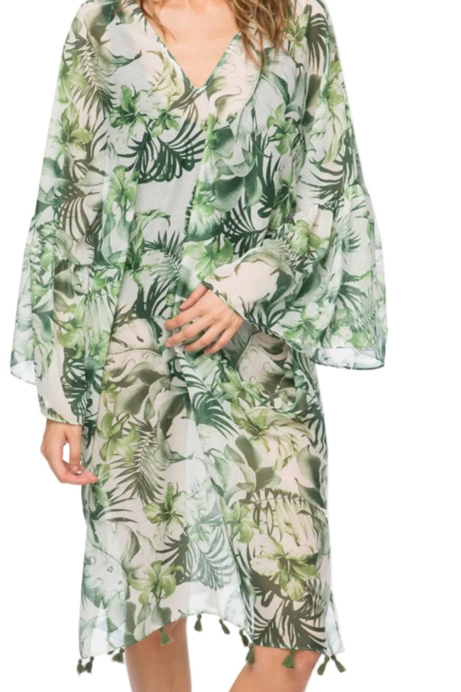 Palm Leaf Print Bell Sleeve Kaftan Coverup - Subtle Luxury