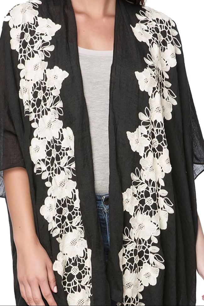 pool-to-party-Stitched Lace Floral Coverup Kimono in Black with Ivory Lace 2