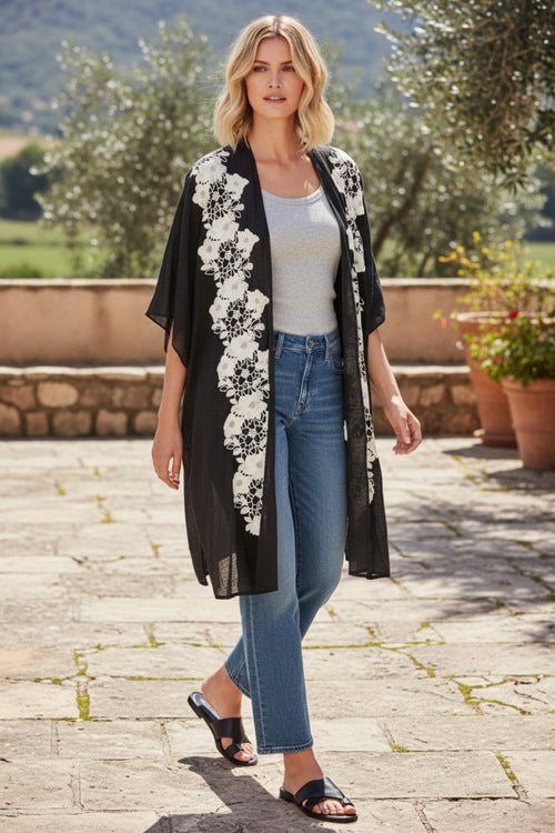 pool-to-party-Stitched Lace Floral Coverup Kimono in Black with Ivory Lace