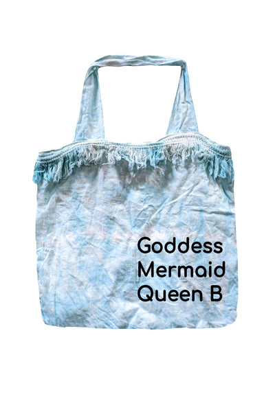 Pool to Party Beach Bag Tie-Dye Market Bag / Beach Blue / Goddess Mermaid Queen B Tie-Dye Market Beach Bag with Fringe