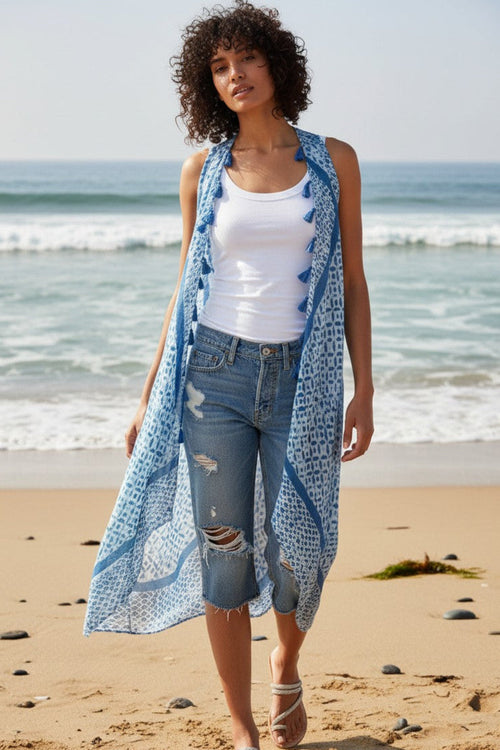 pool-to-party-coverup-Free Spirit Multi-Wear Coverup-Vest in Sumatra Stamp Blue Print with Tassels
