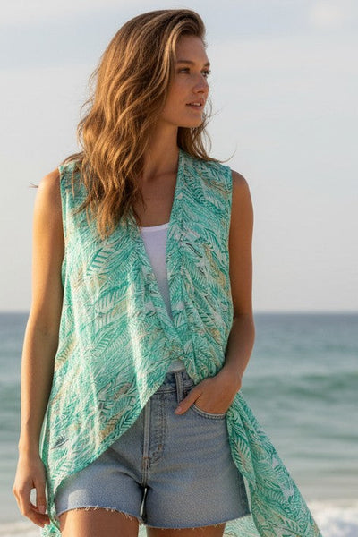 Free Spirit Multi Wear Coverup Vest in Golden Leaf Mint Green Print