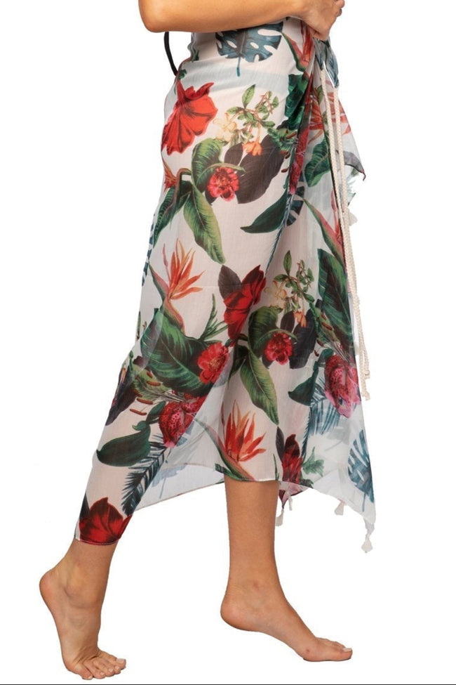Pool to Party Coverup Hibiscus Garden / One Size / White Braided Sarong Coverup in Hibiscus Garden Print