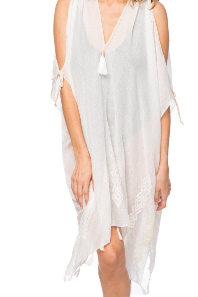 Pool to Party Coverup One Size / White / 70% Polyester/30% Cotton Open Shoulder Dress in Summer's Delight Embroidery