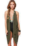 Pool to Party Coverup Stitch & Pom Print / One Size / Olive Free Spirit Vest Coverup Beachwear in Hand Stitch Details