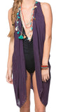 Pool to Party Coverup Stitch & Pom Print / One Size / Plum Free Spirit Vest Coverup Beachwear in Hand Stitch Details
