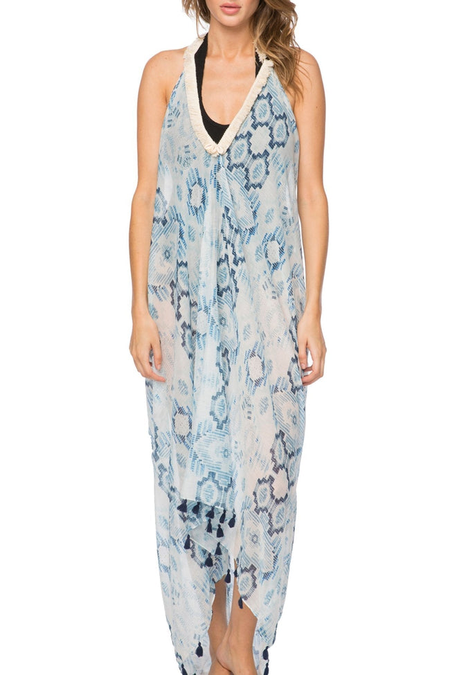Pool to Party Dress One Size / Blue / 100% Polyester Cosmic Drama Fringe Halter Dress