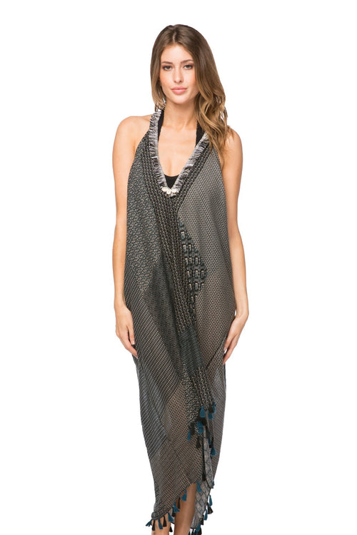 Pool to Party Dress One Size / Dusk / 70% Polyester/30% Cotton Twilight Patchwork Fringe Halter Dress