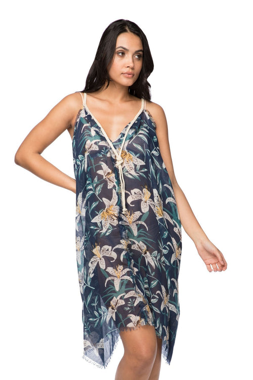 Pool to Party Dress One Size / Navy / 100% Polyester Rita Reversible Sun Dress in Lovely Lily Print