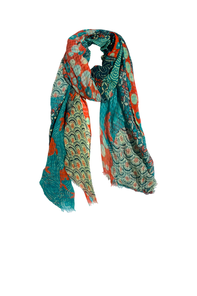 Okinawa PatchworknLuxury Print Sarong Wrap Scarf in Deep Green