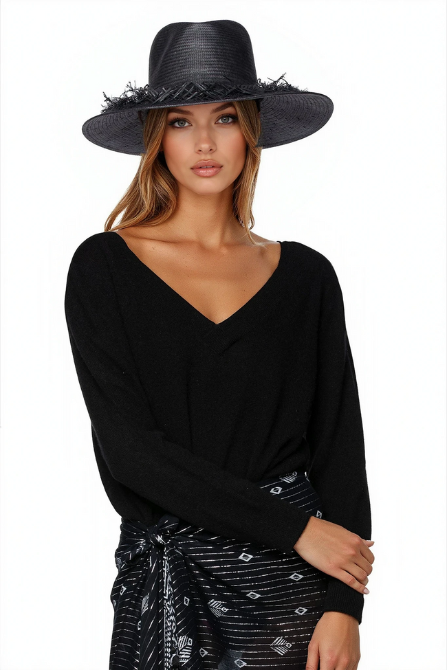 Darcie Fringe Edge Sun Hat in Black