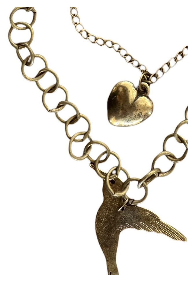 Pool to Party Jewelry Bird & Heart Vintage Charms Multi Strand Necklace / one size / Antique Brass Bird & Heart Vintage Charms Multi Strand Necklace