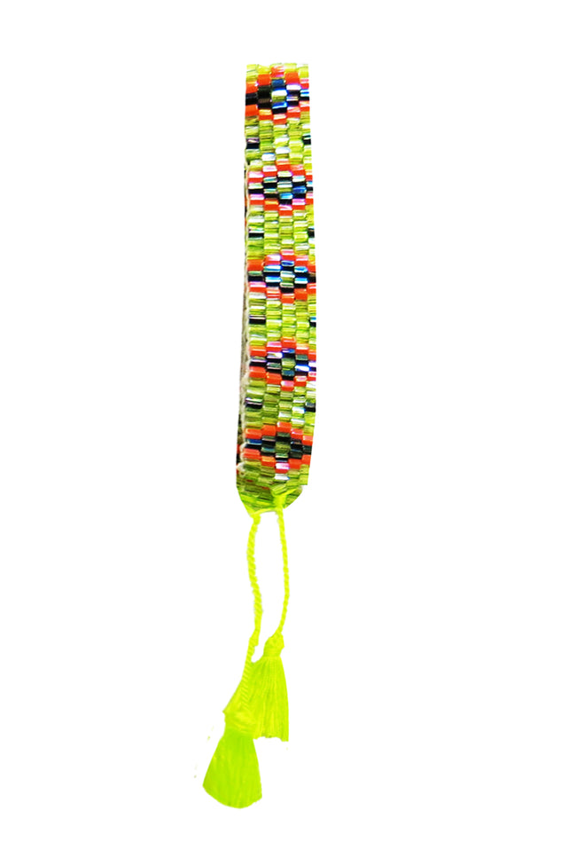 Pool to Party Jewelry Hand Beaded Bracelet / One Size / Yellow Hand Beaded Navajo Design Tassel End Bracelet