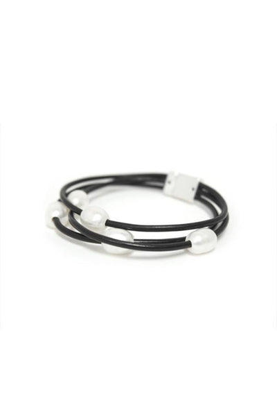 Pool to Party Jewelry Layered Pearl Bracelet / One Size / Black Layered Fresh Water Pearl Leather Strand Bracelet
