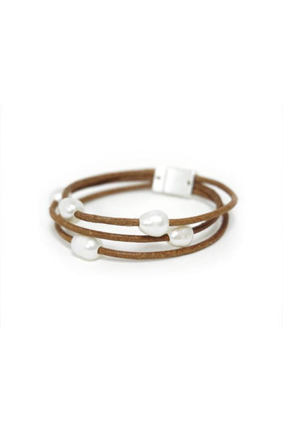Pool to Party Jewelry Layered Pearl Bracelet / One Size / Cognac Layered Fresh Water Pearl Leather Strand Bracelet