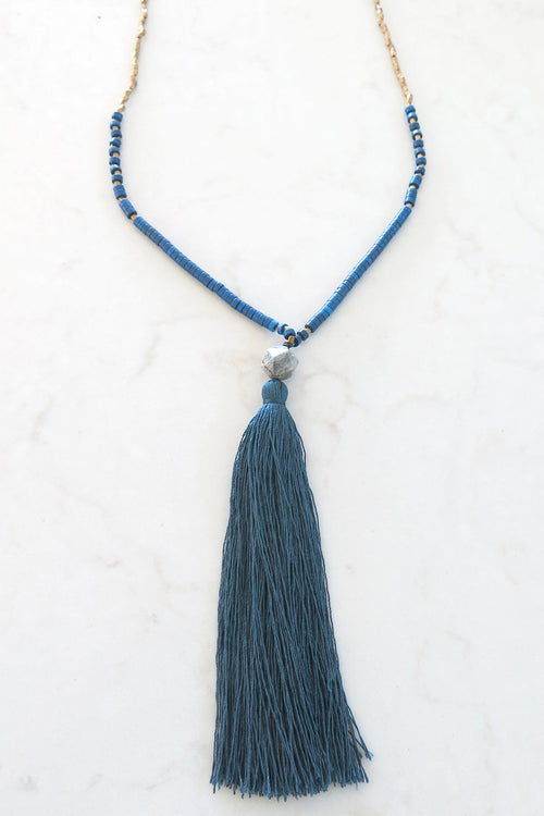 Pool to Party Jewelry Long Gold and Blue Beaded Fringe Necklace / one size / Indigo Long Gold and Blue Semi- Precious Stones Fringe Necklace