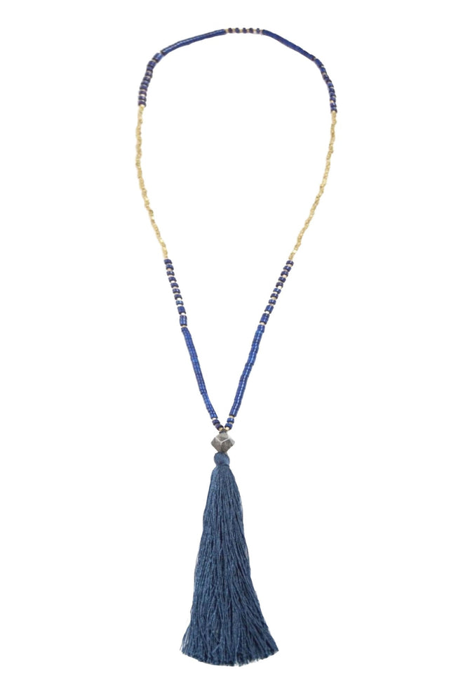 Pool to Party Jewelry Long Gold and Blue Beaded Fringe Necklace / one size / Indigo Long Gold and Blue Semi- Precious Stones Fringe Necklace