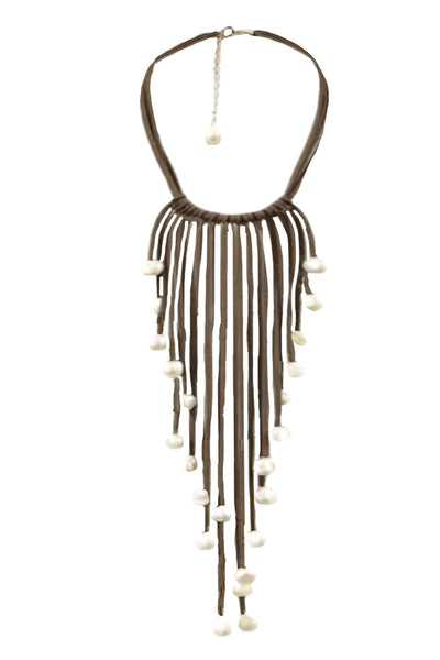 Pool to Party Jewelry Waterfall Tassel Necklace / One Size / Bark Waterfall Tassel Real Pearl Faux Suede Necklace