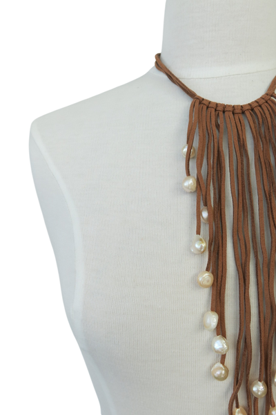 Pool to Party Jewelry Waterfall Tassel Real Pearl Faux Suede Necklace