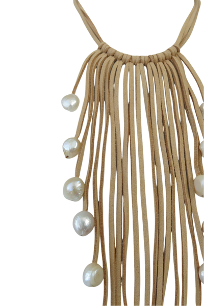 Pool to Party Jewelry Waterfall Tassel Real Pearl Faux Suede Necklace