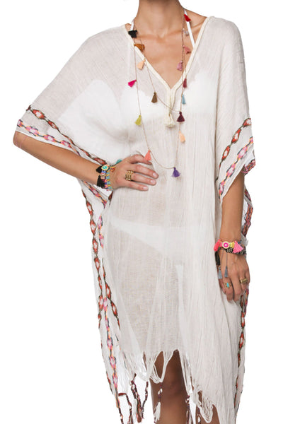 Pool to Party Kaftan Aztec Embroidery Maxi Kaftan / One Size / White Aztec Embroidery Maxi Kaftan