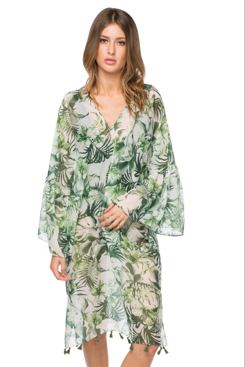 Pool to Party Kaftan Green / One Size / 100% Poly Palm Leaf Print Bell Sleeve Kaftan Coverup