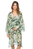 Pool to Party Kaftan Green / One Size / 100% Poly Palm Leaf Print Bell Sleeve Kaftan Coverup