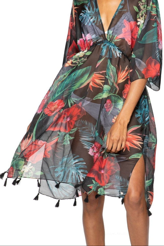 Pool to Party Kaftan One Size / Black / 100% Poly Hibiscus Garden Isle Dress