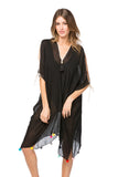Pool to Party Kaftan One Size / Black / 50% Cotton/50% Polyester Open Shoulder Dress in Rainbow Pom Pom